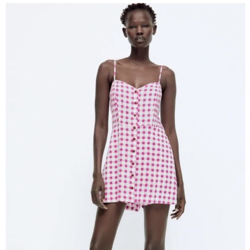 Zara NWT linen blend gingham jumpsuit size M